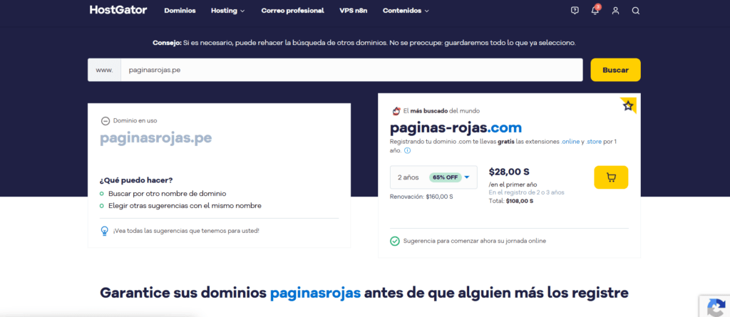 Ejemplo En HostGator el domino paginasrojas.pe no se encuentra disponible