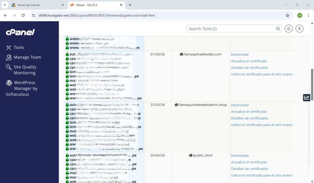 Vista del CPANEL