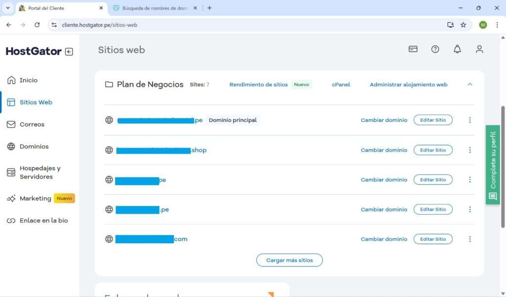 Vista en plataforma HostGator